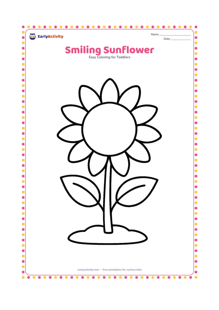 Colouring page: Draw one large sunflower with a round center, broad petals, a thick stem and two simple leaves. Place it in a small patch of ground.