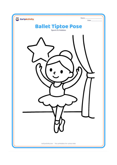 Colouring page: Draw one young ballet dancer standing on tiptoe with both arms raised in a gentle curve. Add a large star-shaped stage light, a plain curtain and plenty of open space around the dancer.