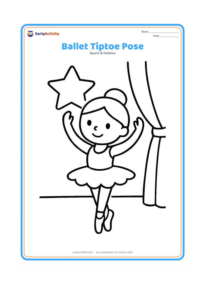 Colouring page: Draw one young ballet dancer standing on tiptoe with both arms raised in a gentle curve. Add a large star-shaped stage light, a plain curtain and plenty of open space around the dancer.
