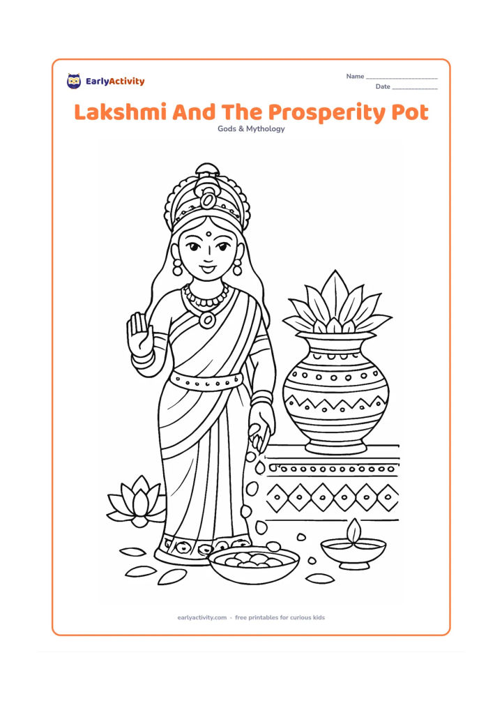 Colouring page: Draw Goddess Lakshmi standing beside a decorated kalash pot filled with leaves and flowers, with coins flowing into a shallow bowl below one hand. Add lotus petals, a diya, and a…