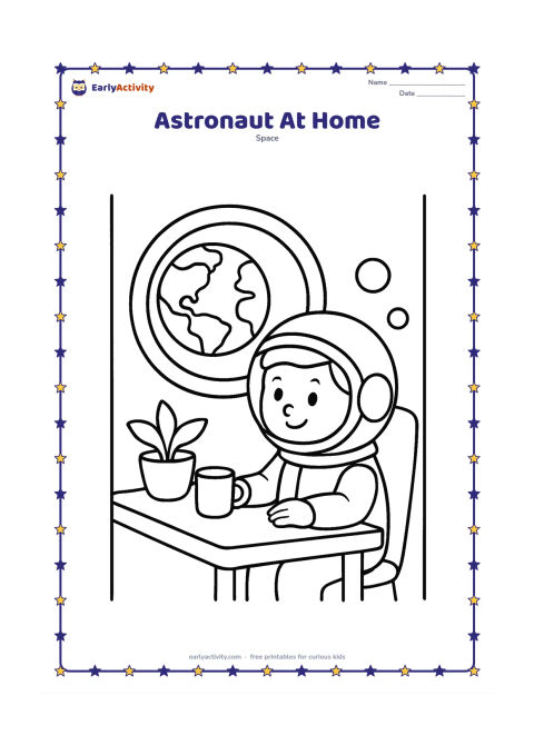 Colouring page: Draw a child astronaut sitting at a simple table inside a spacecraft, looking through a round window at Earth. Include a cup, a potted plant and a few large rounded controls.