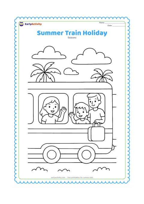 Colouring page: Two children wave from an open train window during a summer holiday, with a parent holding a travel bag inside and palm trees, fields and clouds outside.