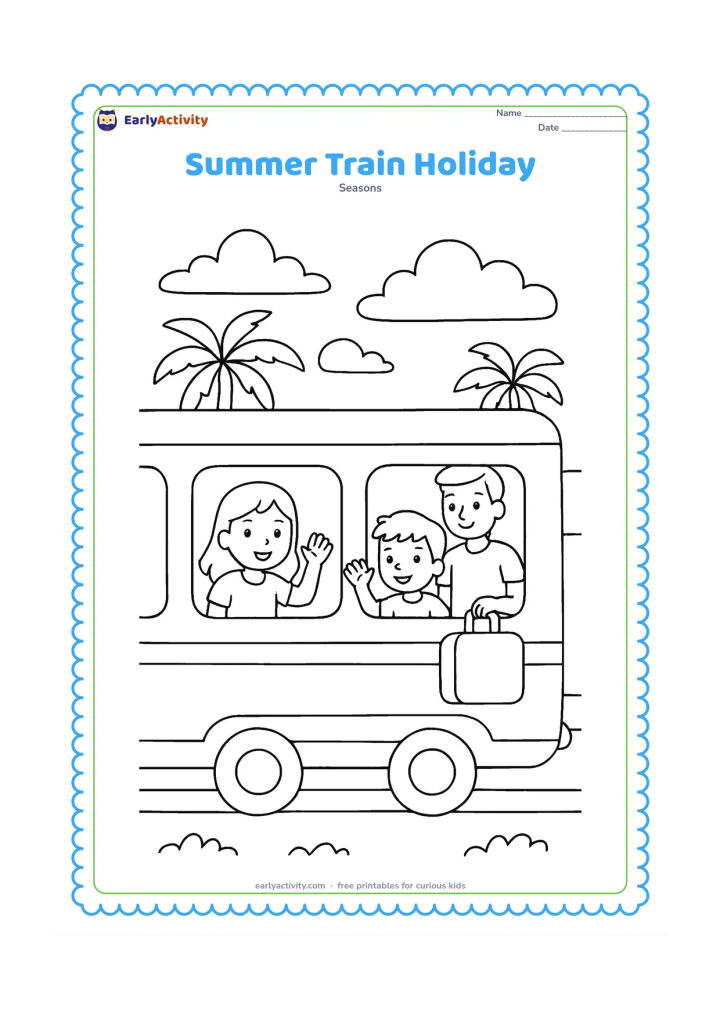 Colouring page: Two children wave from an open train window during a summer holiday, with a parent holding a travel bag inside and palm trees, fields and clouds outside.