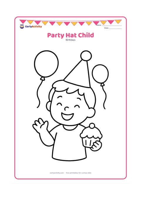 Colouring page: A happy child wears a tall cone party hat with a pom-pom and holds a small cupcake. Add two floating balloons in the background.