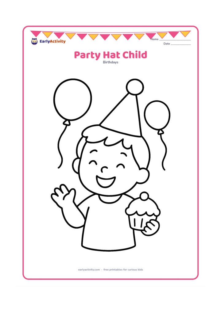Colouring page: A happy child wears a tall cone party hat with a pom-pom and holds a small cupcake. Add two floating balloons in the background.