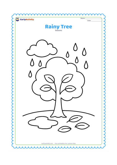 Colouring page: A round leafy tree stands in a grassy patch during a shower, with a cloud above and one puddle beneath its branches. Add a few large leaves on the ground.