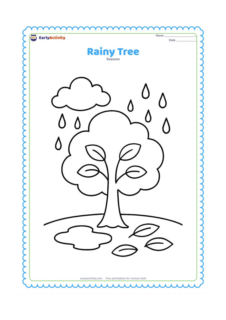 Colouring page: A round leafy tree stands in a grassy patch during a shower, with a cloud above and one puddle beneath its branches. Add a few large leaves on the ground.