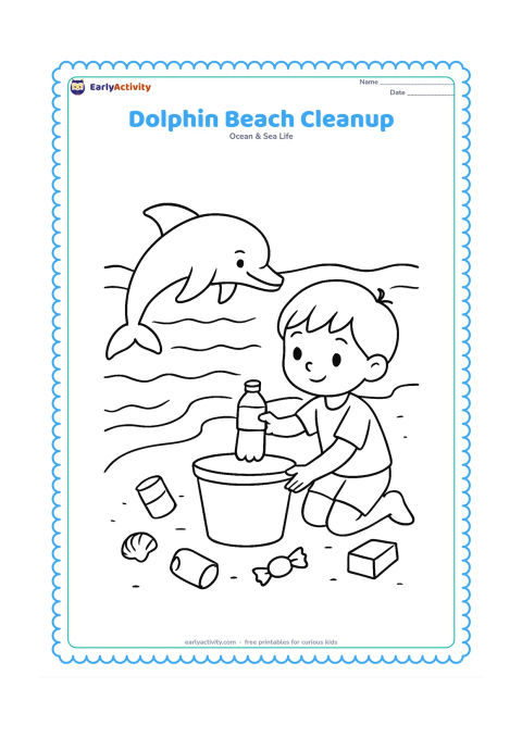Colouring page: Draw a dolphin near the surface beside a child placing a plastic bottle and other litter into a plain open basket on the shore. Include waves, a beach, and a few shells, with no labels…