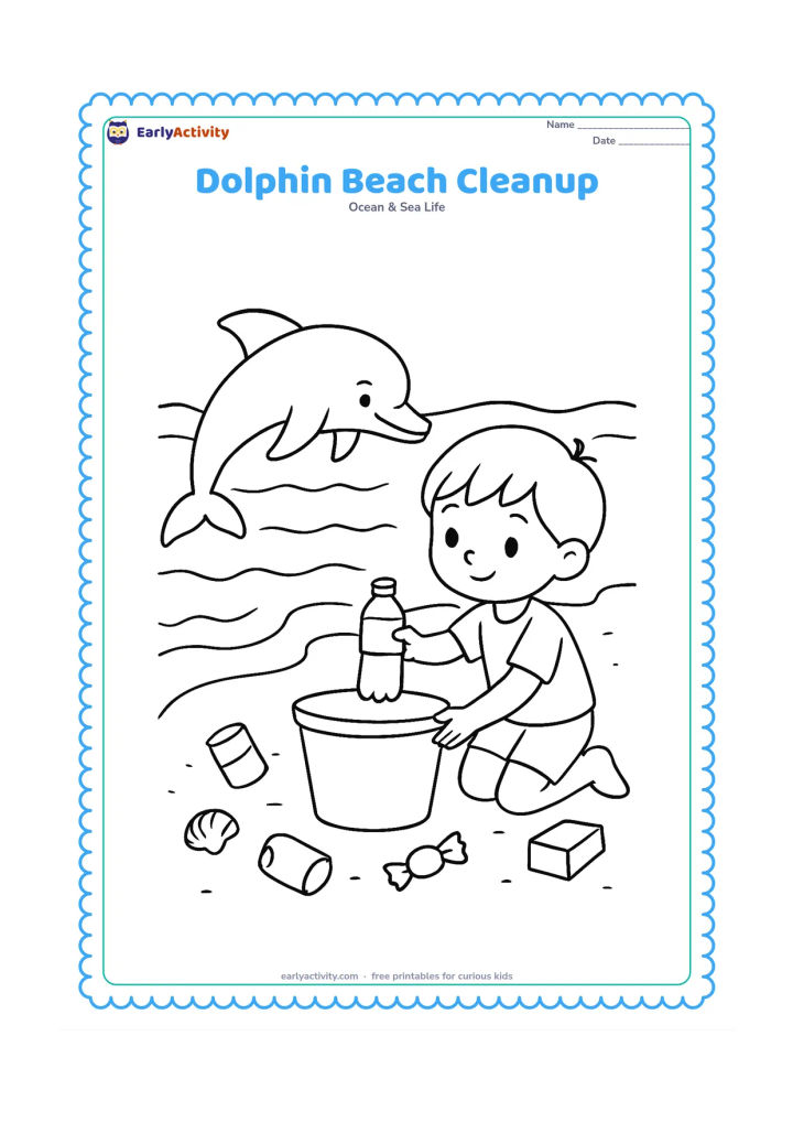 Colouring page: Draw a dolphin near the surface beside a child placing a plastic bottle and other litter into a plain open basket on the shore. Include waves, a beach, and a few shells, with no labels…