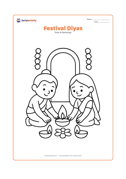Colouring page: Ram and Sita kneel together placing large oil lamps around a simple flower shape on the ground, with a doorway and two flower garlands behind them.
