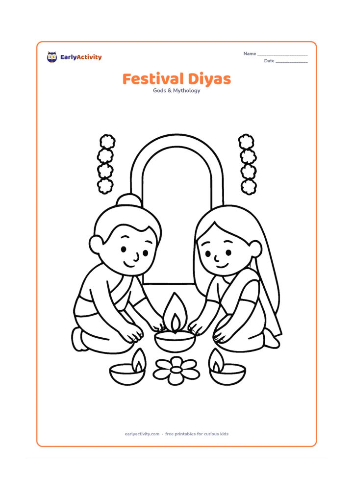 Colouring page: Ram and Sita kneel together placing large oil lamps around a simple flower shape on the ground, with a doorway and two flower garlands behind them.
