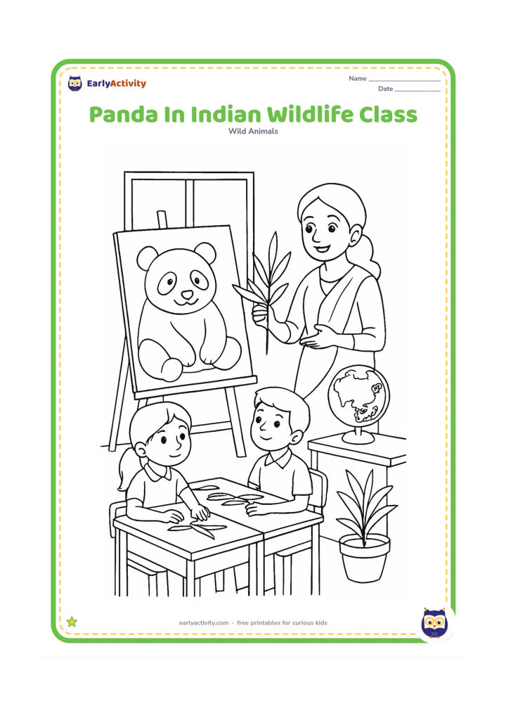 Colouring page: Draw an Indian classroom nature activity with a large panda picture on an easel, bamboo leaves, a globe showing China without labels, and a teacher guiding two children. Include simple…