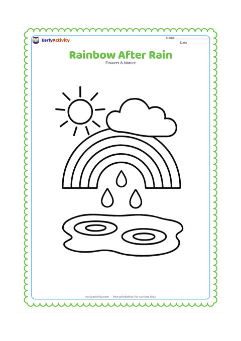 Colouring page: Draw a wide rainbow over a puddle, with three large raindrops falling from a cloud and a simple sun emerging behind it. Include two broad puddle ripples and plenty of open space.