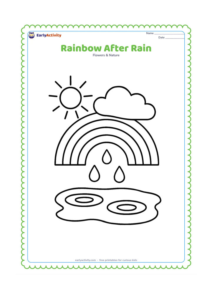 Colouring page: Draw a wide rainbow over a puddle, with three large raindrops falling from a cloud and a simple sun emerging behind it. Include two broad puddle ripples and plenty of open space.