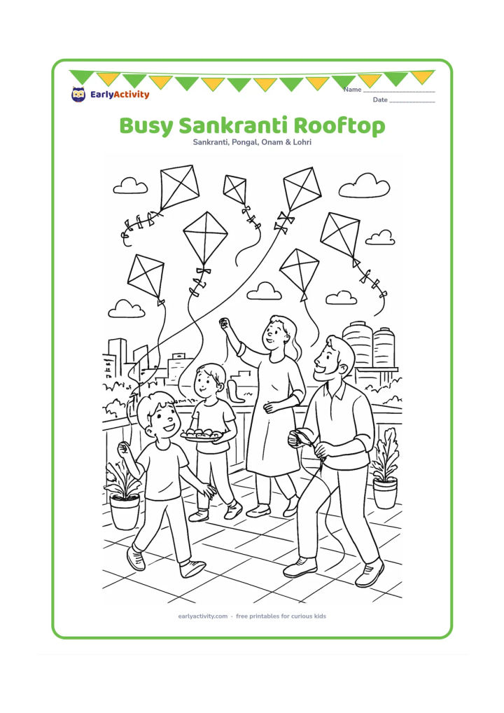 Colouring page: A lively rooftop celebration shows several family members in different poses flying kites, winding string, carrying a snack tray, and watching the sky. Include parapets, potted plants,…