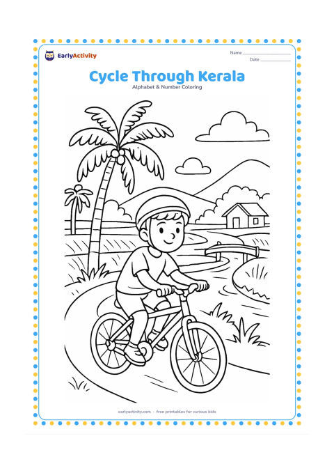 Colouring page: A child cycles along a Kerala village path beside coconut palms, a canal, rice fields, a small footbridge, and a house with a sloping roof. Keep the bicycle and rider fully visible and…