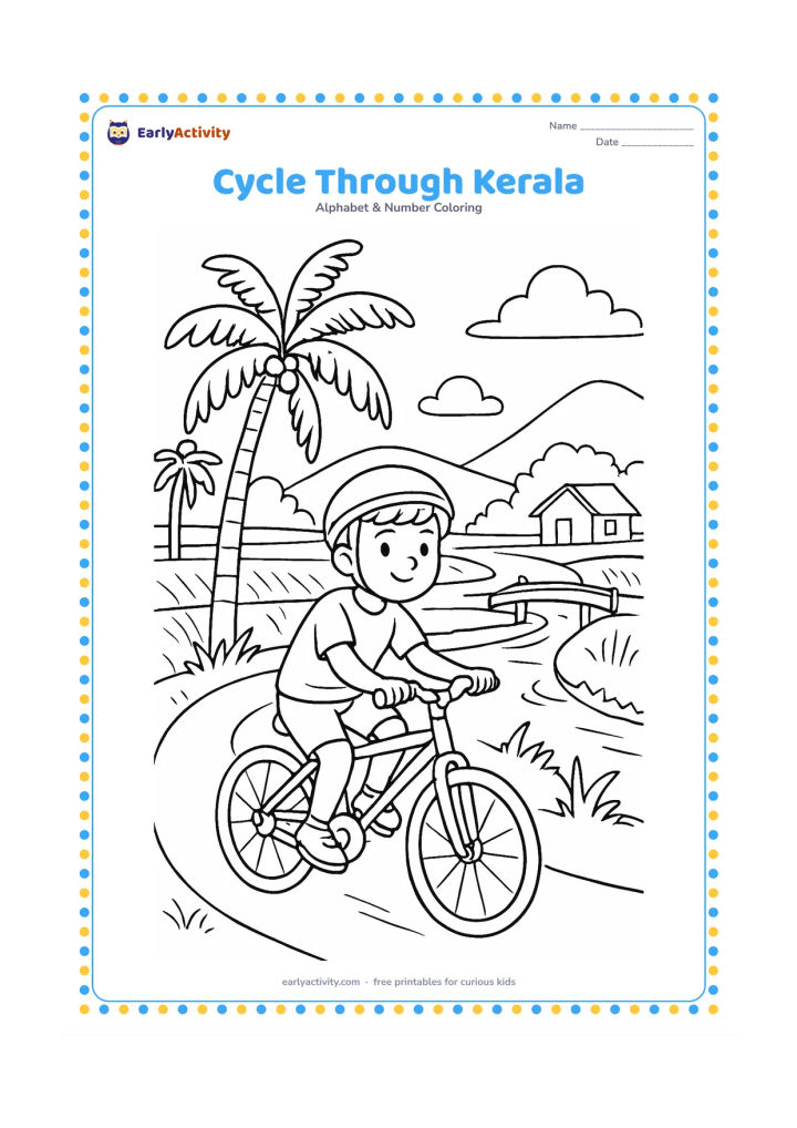 Colouring page: A child cycles along a Kerala village path beside coconut palms, a canal, rice fields, a small footbridge, and a house with a sloping roof. Keep the bicycle and rider fully visible and…