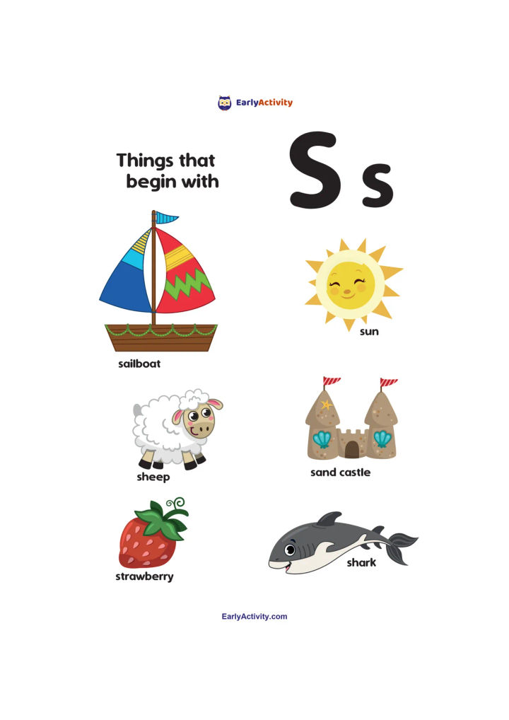 Worksheet showing uppercase and lowercase S with pictures of a sailboat, sun, sheep, sand castle, strawberry and shark.
