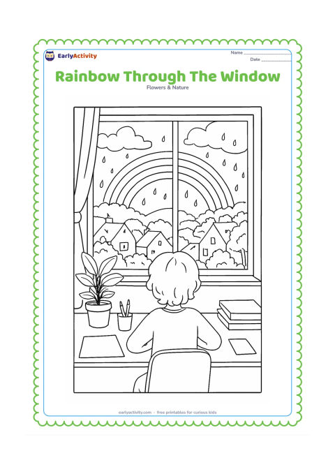 Colouring page: Draw a detailed interior scene viewed from a window after a storm: a child sits at a desk looking at a rainbow over rooftops, trees and hills, with a potted plant, art supplies and…
