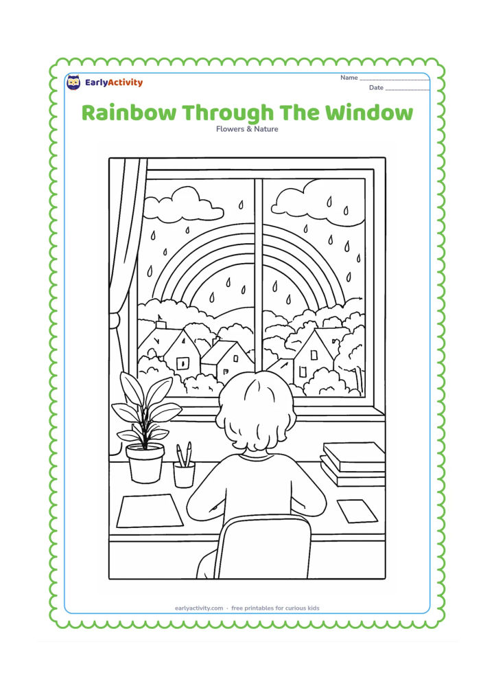 Colouring page: Draw a detailed interior scene viewed from a window after a storm: a child sits at a desk looking at a rainbow over rooftops, trees and hills, with a potted plant, art supplies and…