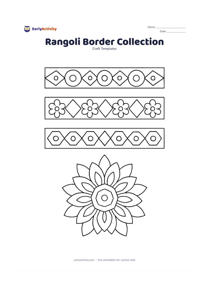 Worksheet: Design a page of three connected rangoli-inspired border strips using repeating circles, diamonds, triangles, petals and hexagons, plus a separate symmetrical centre medallion. Keep the…