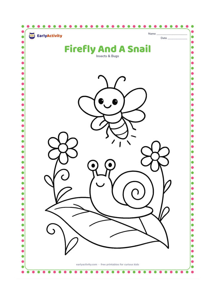 Colouring page: Draw one glowing firefly hovering above a friendly snail on a broad leaf, with two flowers and a few curling stems around them. The snail should look calm and harmless.