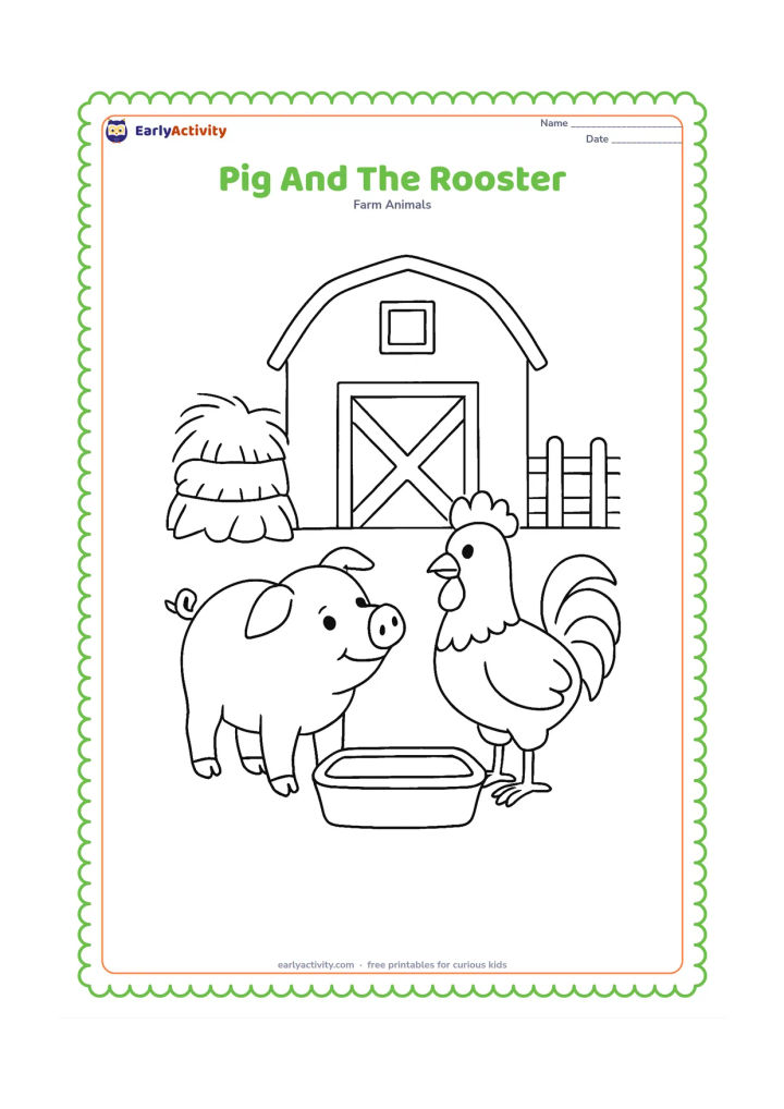 Colouring page: A pig and a friendly rooster stand together in a farmyard, facing one another near a trough. Add a barn wall, hay bundle and short fence behind them.