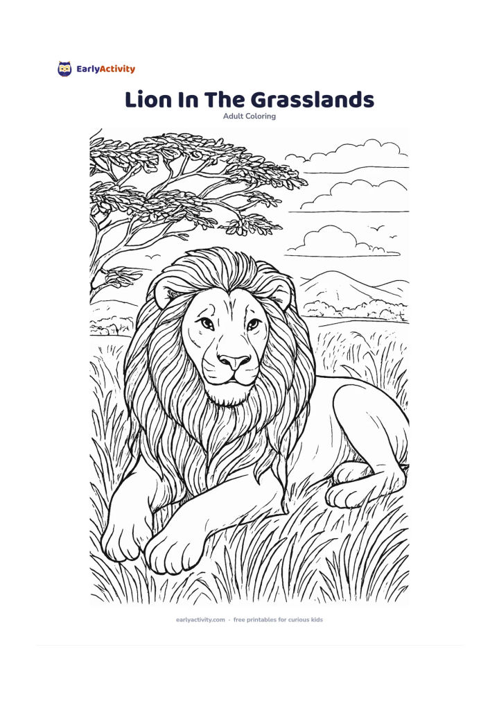 Colouring page: Draw a relaxed male lion lying in tall grass with one paw extended and a friendly expression. Include acacia branches, distant hills, small birds, textured grass and a warm open sky.