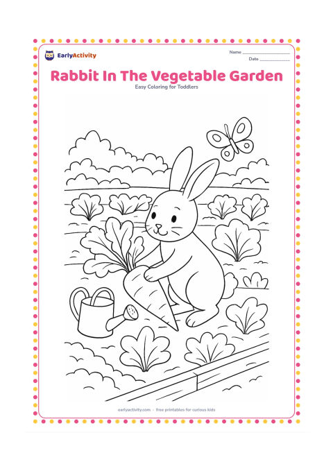 Colouring page: Draw a rabbit pulling a large leafy carrot from a vegetable garden. Include several rows of broad vegetables, a watering can, a low wooden border and a butterfly.