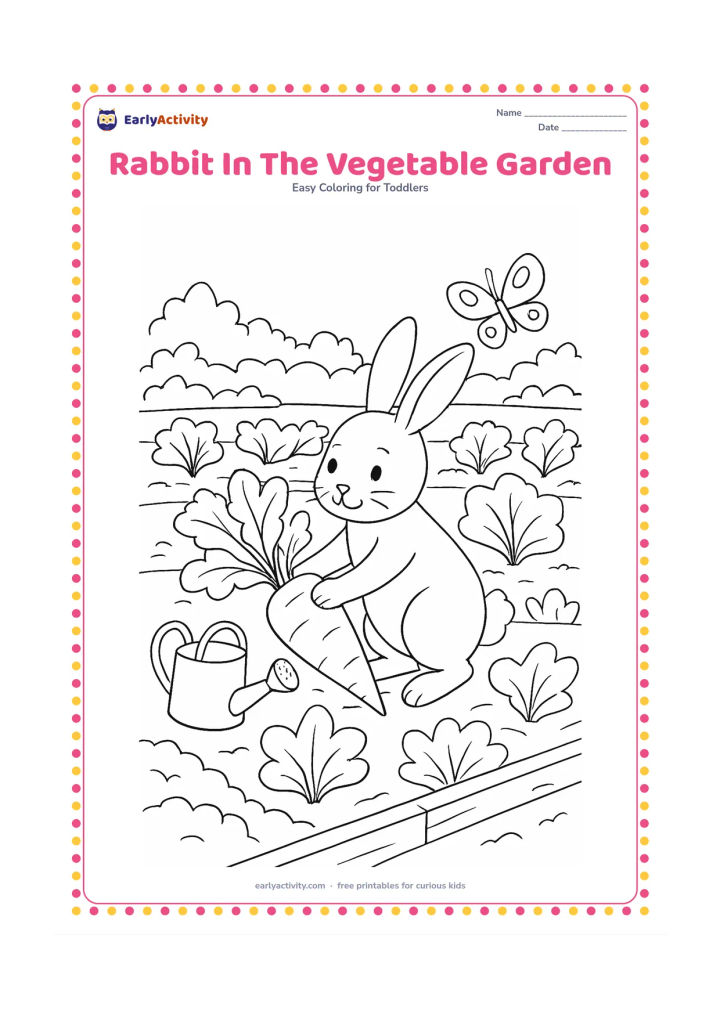 Colouring page: Draw a rabbit pulling a large leafy carrot from a vegetable garden. Include several rows of broad vegetables, a watering can, a low wooden border and a butterfly.