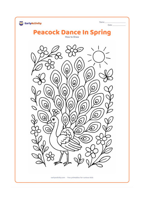 Worksheet: A peacock spreads both wings and fans its tail in a spring garden filled with flowering branches, butterflies, fresh leaves and a distant sun. Show the curved body and neck clearly…