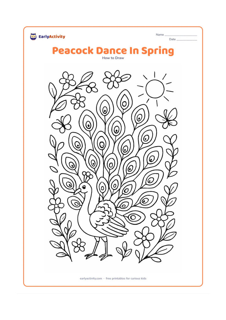 Worksheet: A peacock spreads both wings and fans its tail in a spring garden filled with flowering branches, butterflies, fresh leaves and a distant sun. Show the curved body and neck clearly…