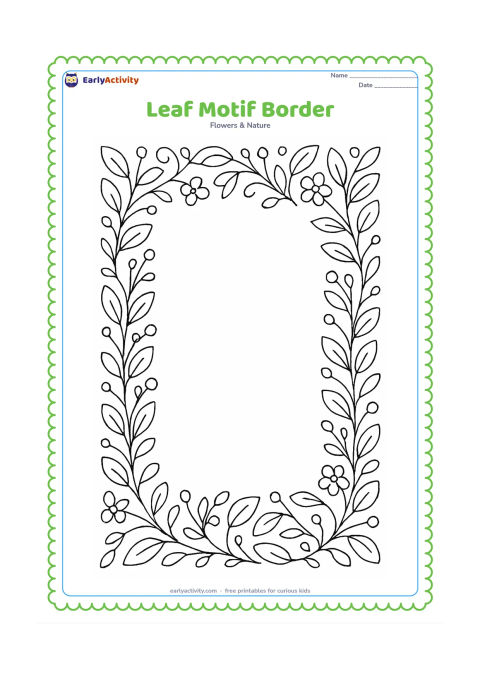 Colouring page: A large blank central area is surrounded by a repeating border of leaves, stems, small flowers and simple curved vines, suitable for choosing colours and patterns.