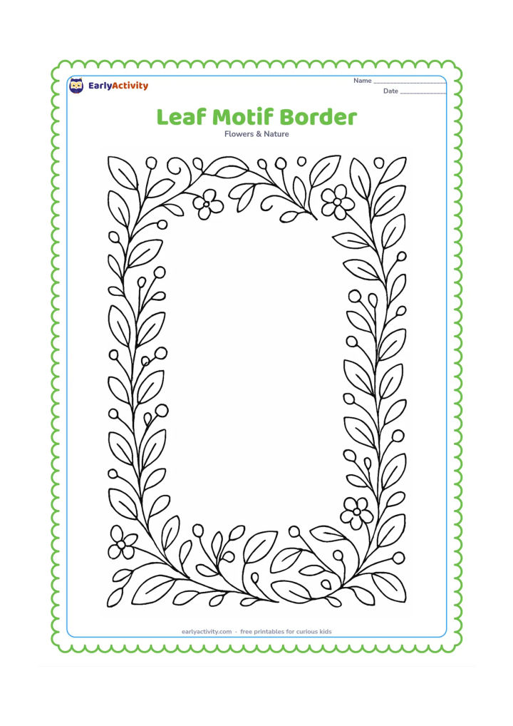Colouring page: A large blank central area is surrounded by a repeating border of leaves, stems, small flowers and simple curved vines, suitable for choosing colours and patterns.
