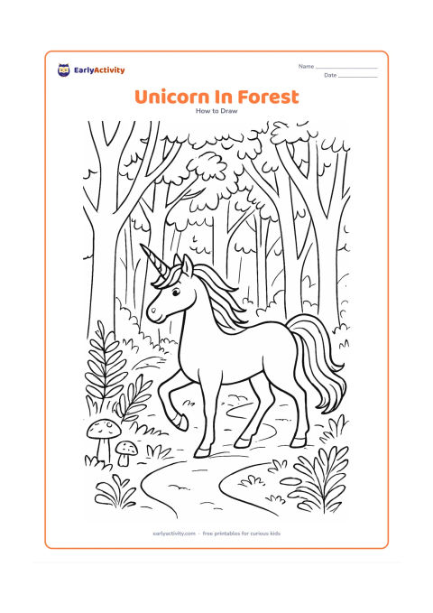 Worksheet: A unicorn walks through a detailed woodland with overlapping tree trunks, ferns, mushrooms, a winding path and dappled leaf clusters. Give the unicorn an arched neck, layered mane,…