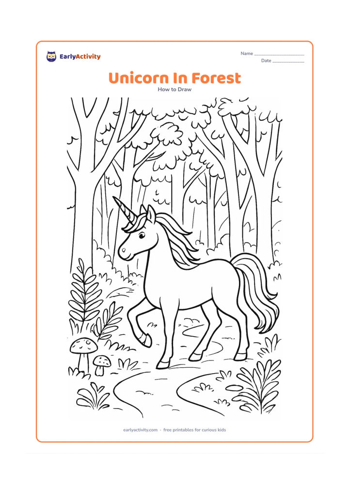 Worksheet: A unicorn walks through a detailed woodland with overlapping tree trunks, ferns, mushrooms, a winding path and dappled leaf clusters. Give the unicorn an arched neck, layered mane,…