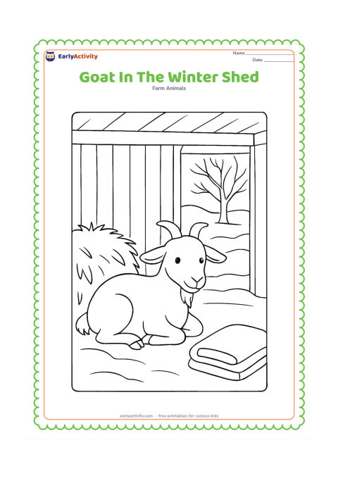 Colouring page: Draw a goat resting inside a simple farm shed on a cool winter day, with a blanket folded nearby, a hay pile, and snow visible outside the doorway. Add a bare tree beyond the shed.
