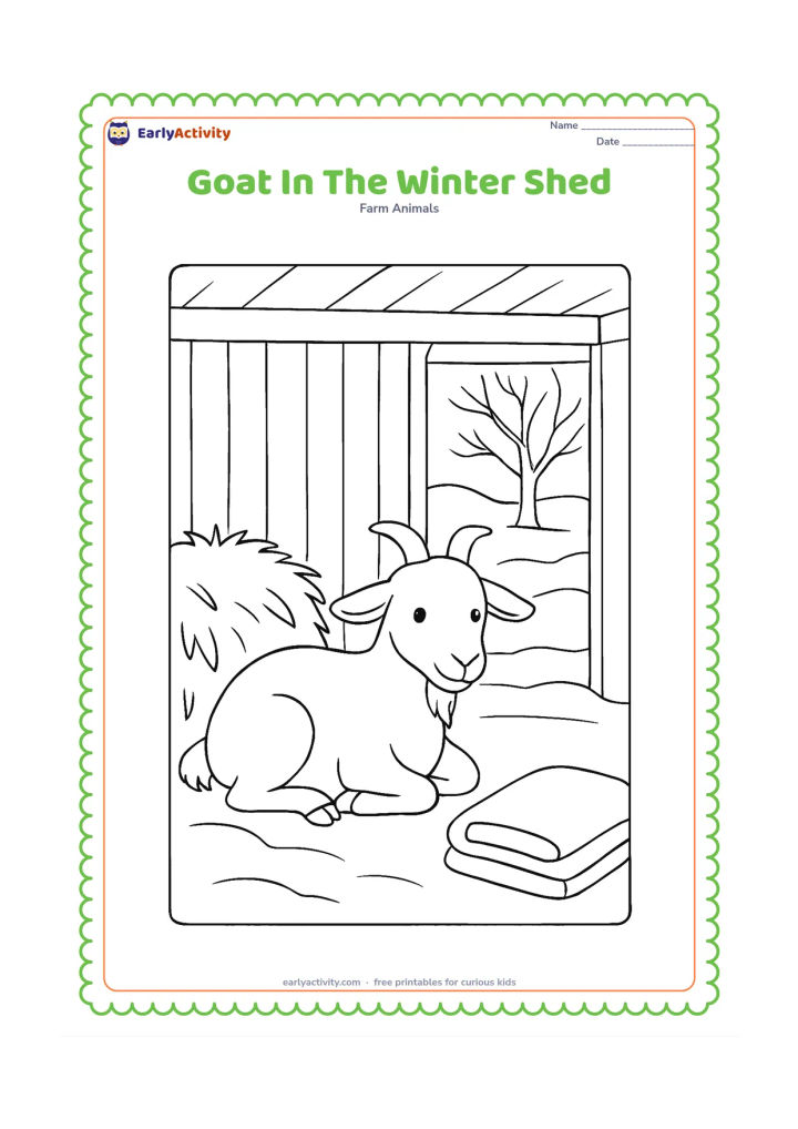 Colouring page: Draw a goat resting inside a simple farm shed on a cool winter day, with a blanket folded nearby, a hay pile, and snow visible outside the doorway. Add a bare tree beyond the shed.