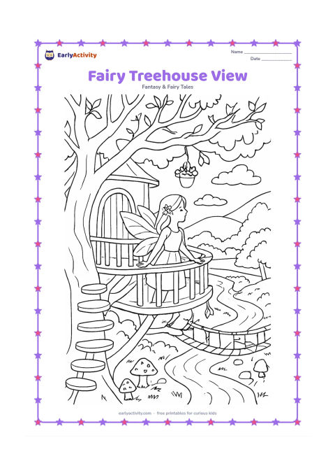 Colouring page: A fairy stands on the balcony of a treehouse and looks over a woodland valley. Include a rope bridge, twisting branches, a spiral stair, hanging flower pots, mushrooms, a stream and…