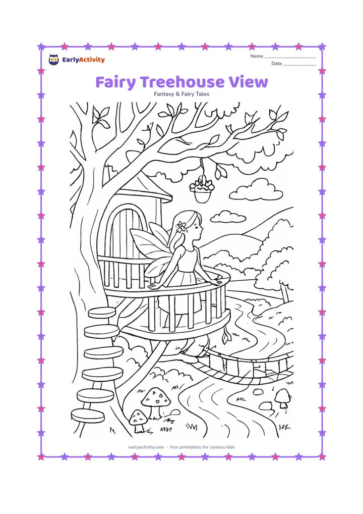 Colouring page: A fairy stands on the balcony of a treehouse and looks over a woodland valley. Include a rope bridge, twisting branches, a spiral stair, hanging flower pots, mushrooms, a stream and…