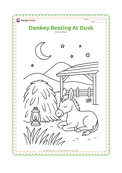 Colouring page: A peaceful donkey rests beside a haystack near a farm shelter as the moon and a few stars appear above distant hills. Include a lantern with no markings, a fence and tall grass.
