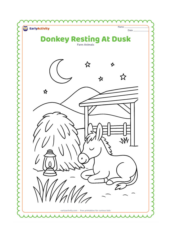 Colouring page: A peaceful donkey rests beside a haystack near a farm shelter as the moon and a few stars appear above distant hills. Include a lantern with no markings, a fence and tall grass.