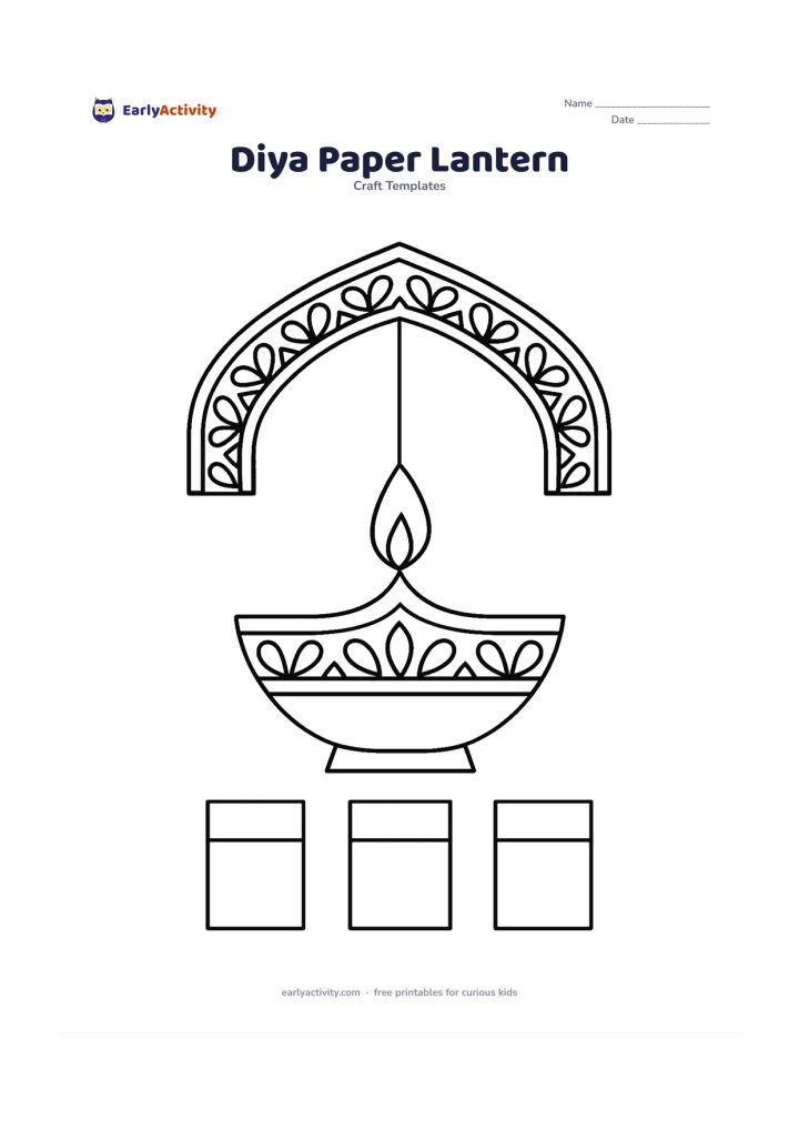 Worksheet: A diya-shaped paper lantern hangs from a short cord beneath a decorated arch, with visible fold tabs and repeated border motifs.