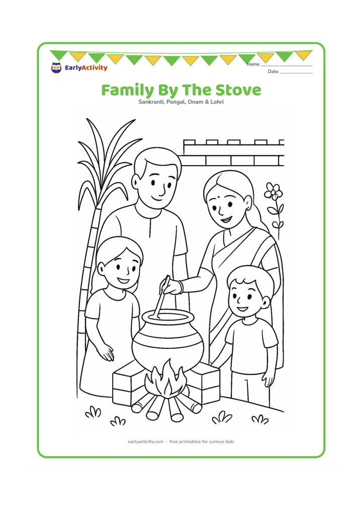 Colouring page: Two adults and two children gather around an outdoor Pongal stove as one adult watches the pot and another holds a ladle. Include sugarcane, flowers, and a courtyard wall.