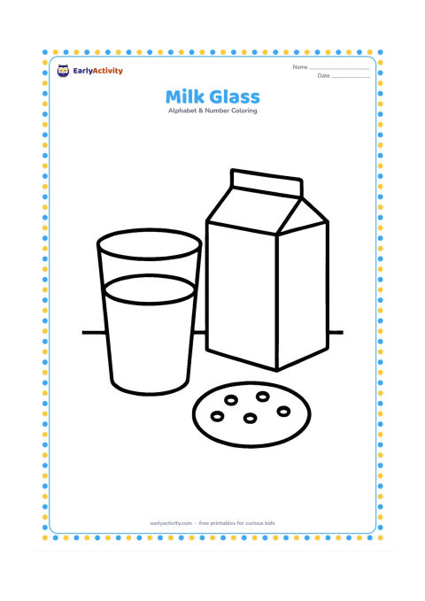 Colouring page: Draw a large glass filled with milk beside a simple open milk carton and a round cookie on a plain tabletop. Do not put any writing or marks on the carton.