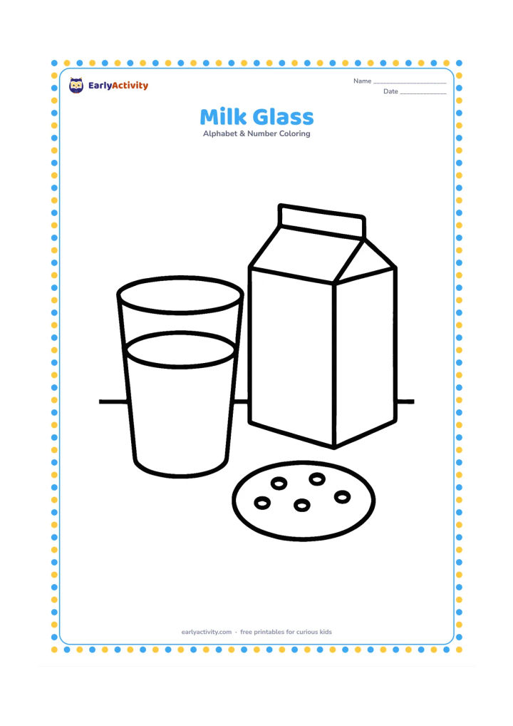 Colouring page: Draw a large glass filled with milk beside a simple open milk carton and a round cookie on a plain tabletop. Do not put any writing or marks on the carton.