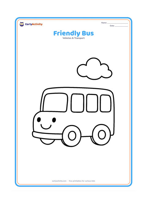 Colouring page: Draw one large school bus facing left, with two big round wheels, a smiling front grille, large empty windows, and a small cloud above it. Leave wide open spaces around the bus for easy…