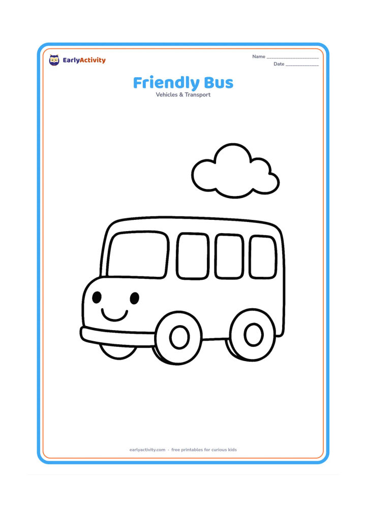 Colouring page: Draw one large school bus facing left, with two big round wheels, a smiling front grille, large empty windows, and a small cloud above it. Leave wide open spaces around the bus for easy…