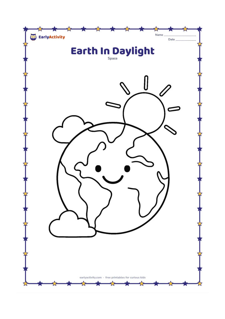 Colouring page: A cheerful Earth with large clouds on the sunlit side and a big simple Sun partly visible behind it. Add a few wide rays and open space around the planet.