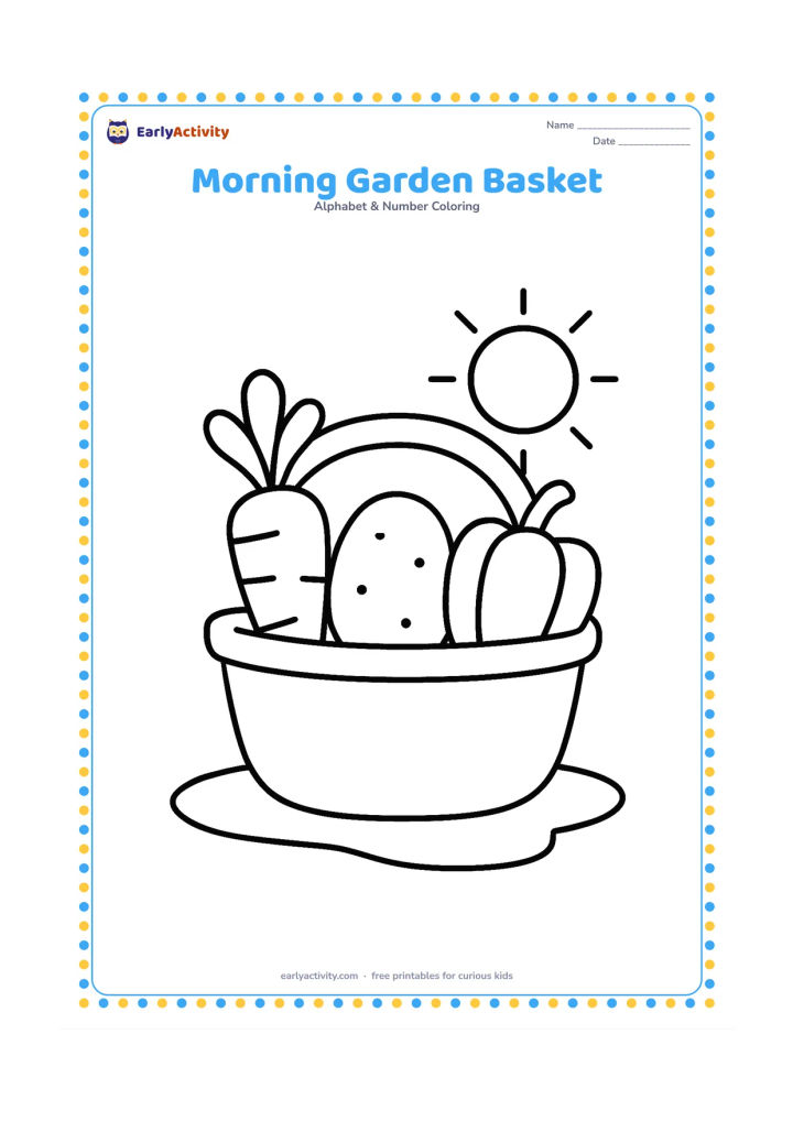 Colouring page: A large basket holds three easy-to-recognise garden vegetables and leafy stems. Place it on a simple patch of ground with one broad sun shape in the background.